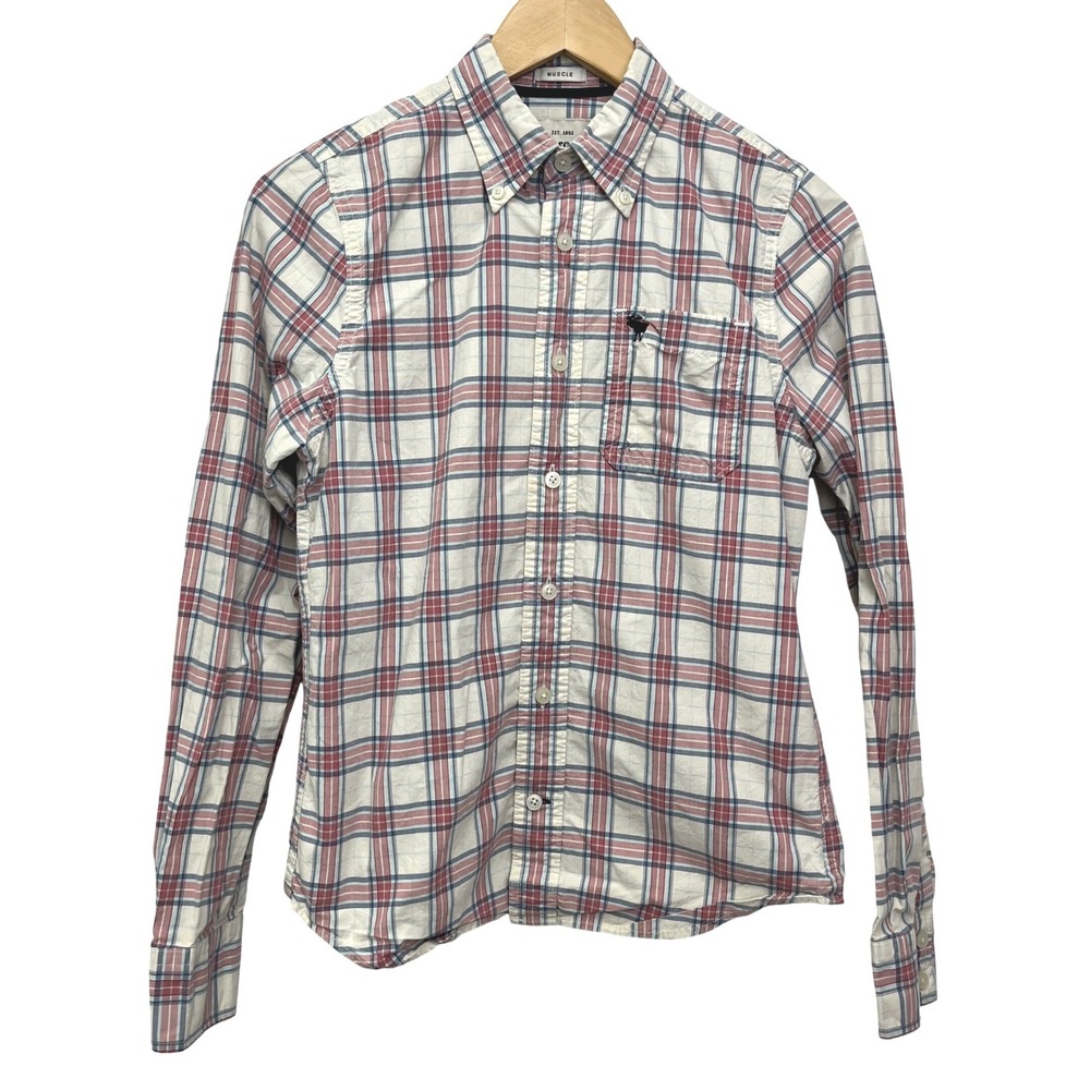 Abercrombie & Fitch Red Blue Plaid Youth Boys XL Muscle Slim Tailored Fit Shirt